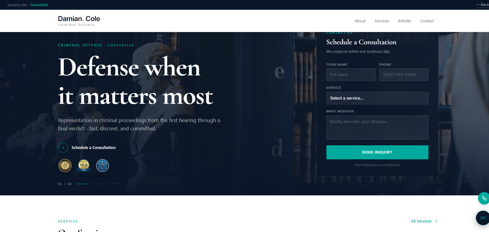 Screenshot of the Damian Cole sample site